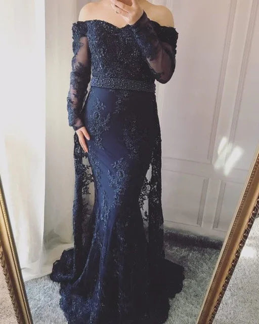 On Sale No Return No Refund Long Sleeve Embroidery Pearls Sexy Evening Dresses 2025 Fashion Elegant Lace Mermaid Evening Gown LA6377 - SERENE HILL