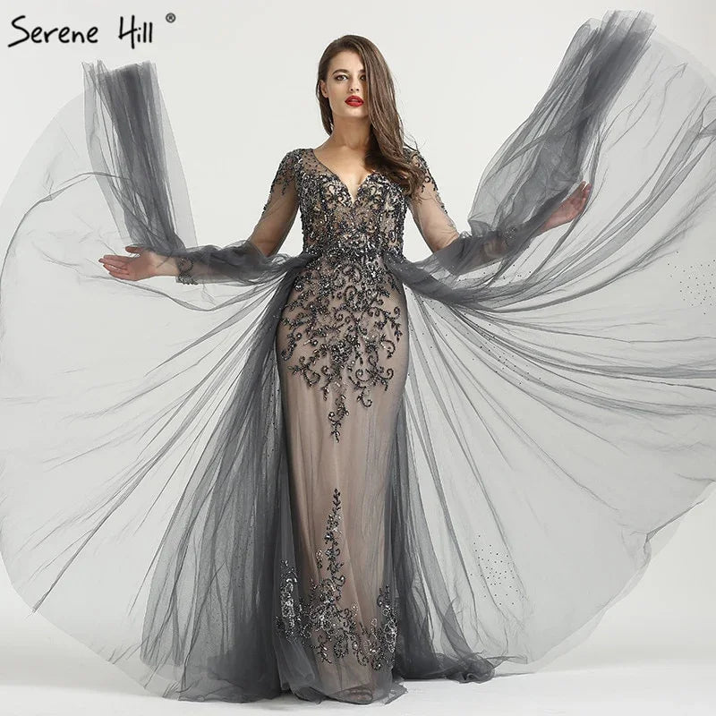 Long Sleeve Sexy V-Neck New Evening Dress 2025 A-Line Fashion Diamond Beading With Train Evening Dress Real Photo LA6571 - SERENE HILL