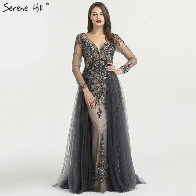 Long Sleeve Sexy V-Neck New Evening Dress 2025 A-Line Fashion Diamond Beading With Train Evening Dress Real Photo LA6571 - SERENE HILL