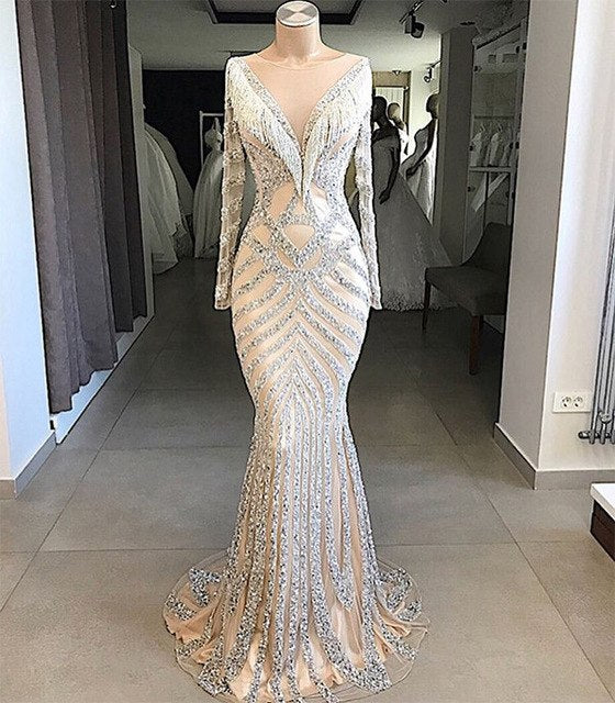 On Sale no return no refundSale Nude Slim Mermaid Luxury Evening Dresses Long Sleeves Beading Tassel Fashion LA6594 - SERENE HILL
