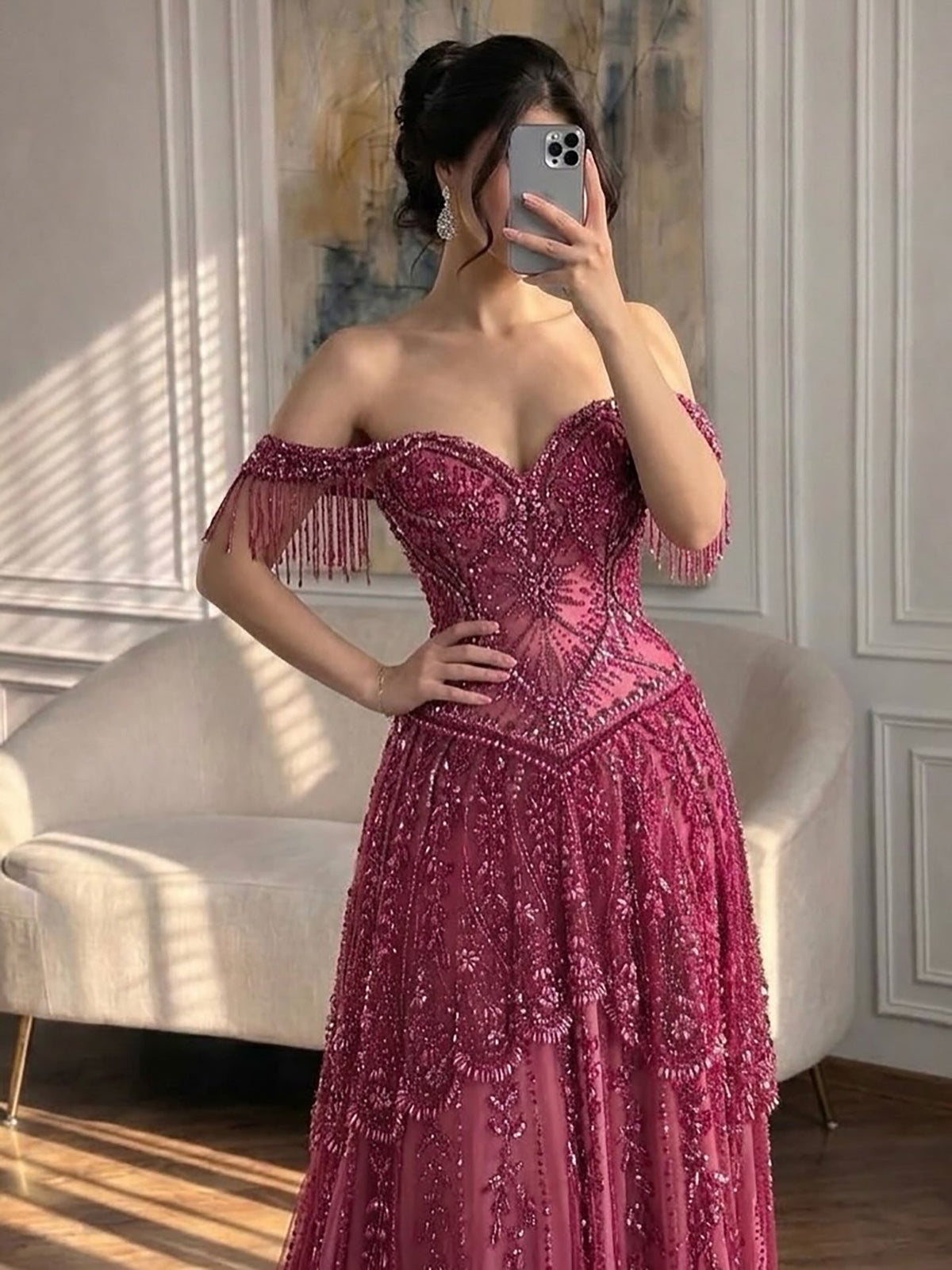 Luxury Fuchsia Beaded A-Line Evening Dress With Tassels LA73594 SERENE HILL