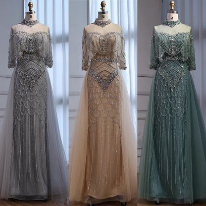 Luxury Gray Beaded Evening Dress with Overskirt LA73129 - SERENE  HILL