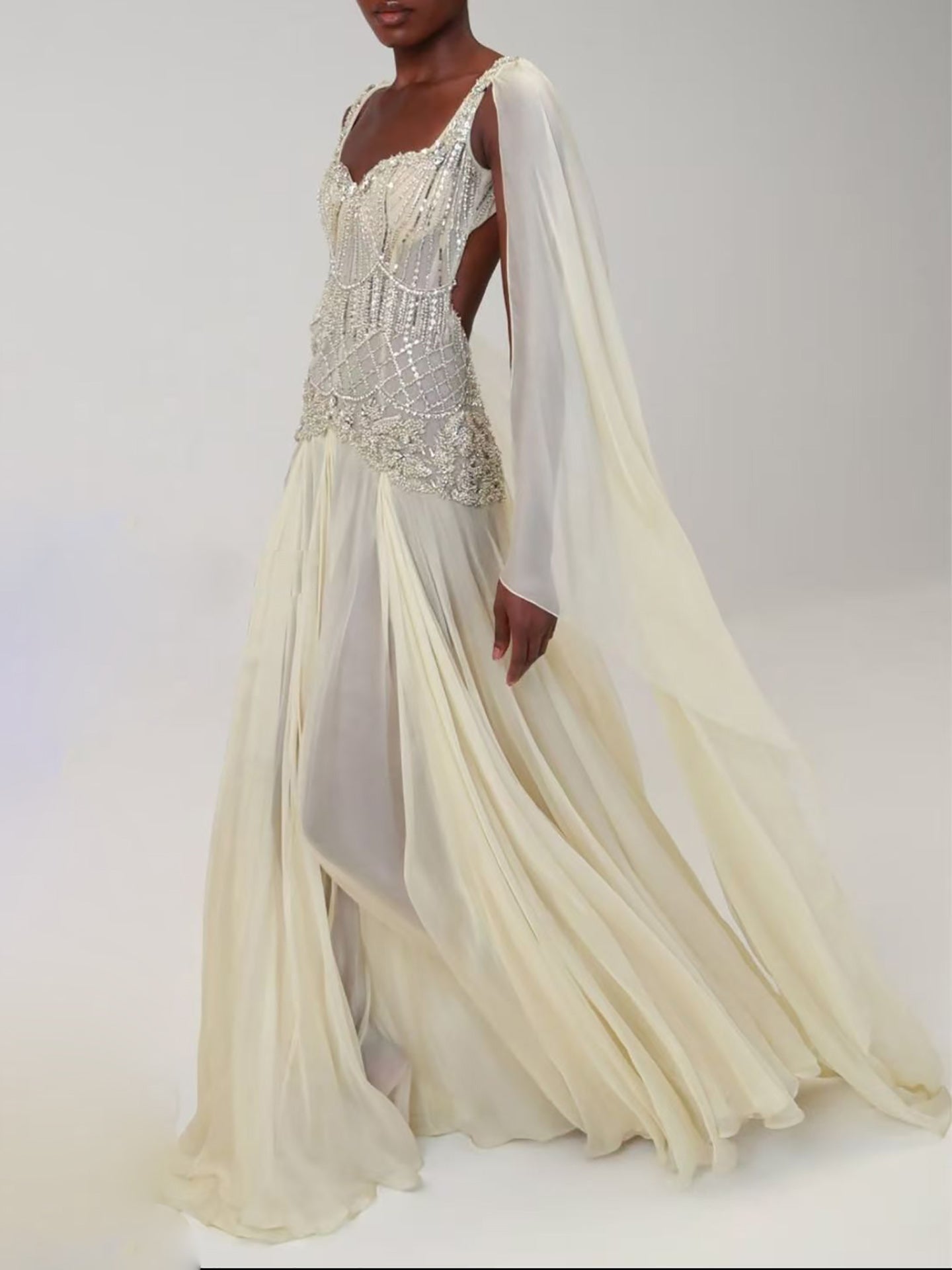 Luxury Butter Yellow Beaded A Line Evening Dress with Cape LA73836