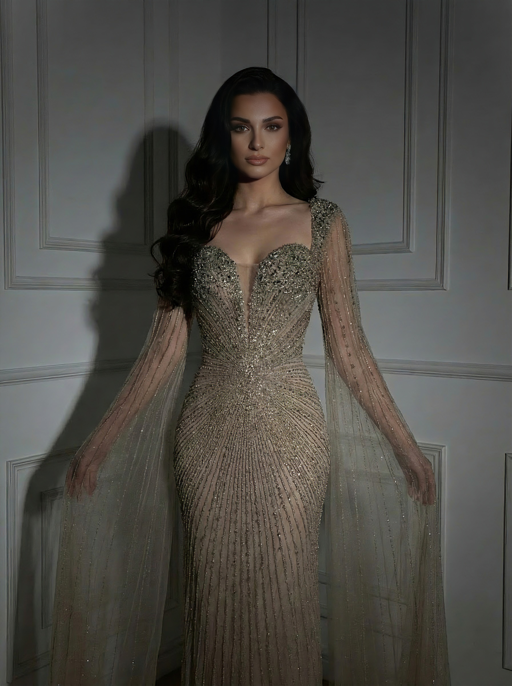 Luxury Caramel Crystal Beaded Mermaid Evening Dress with Cape LA72575D - SERENE HILL