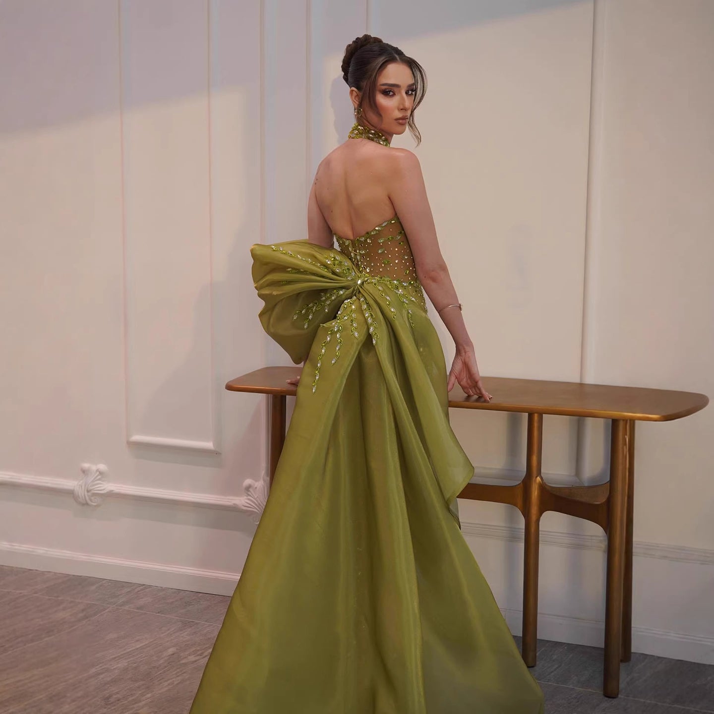 Luxury Lemon Beaded Halter Neck Mermaid Evening Dress with Overskirt LA73523