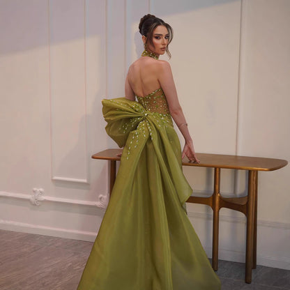 Luxury Lemon Beaded Halter Neck Mermaid Evening Dress with Overskirt LA73523