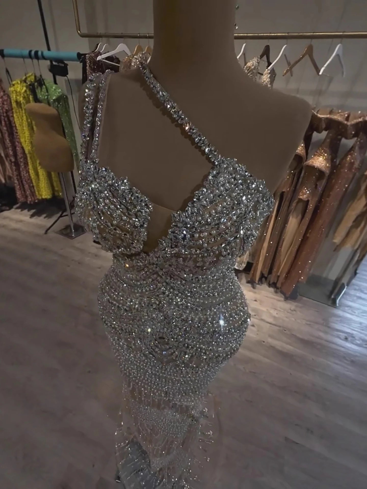 Luxury Silver Nude One Shoulder Pearls Beaded Gowns LA73371 - SERENE HILL