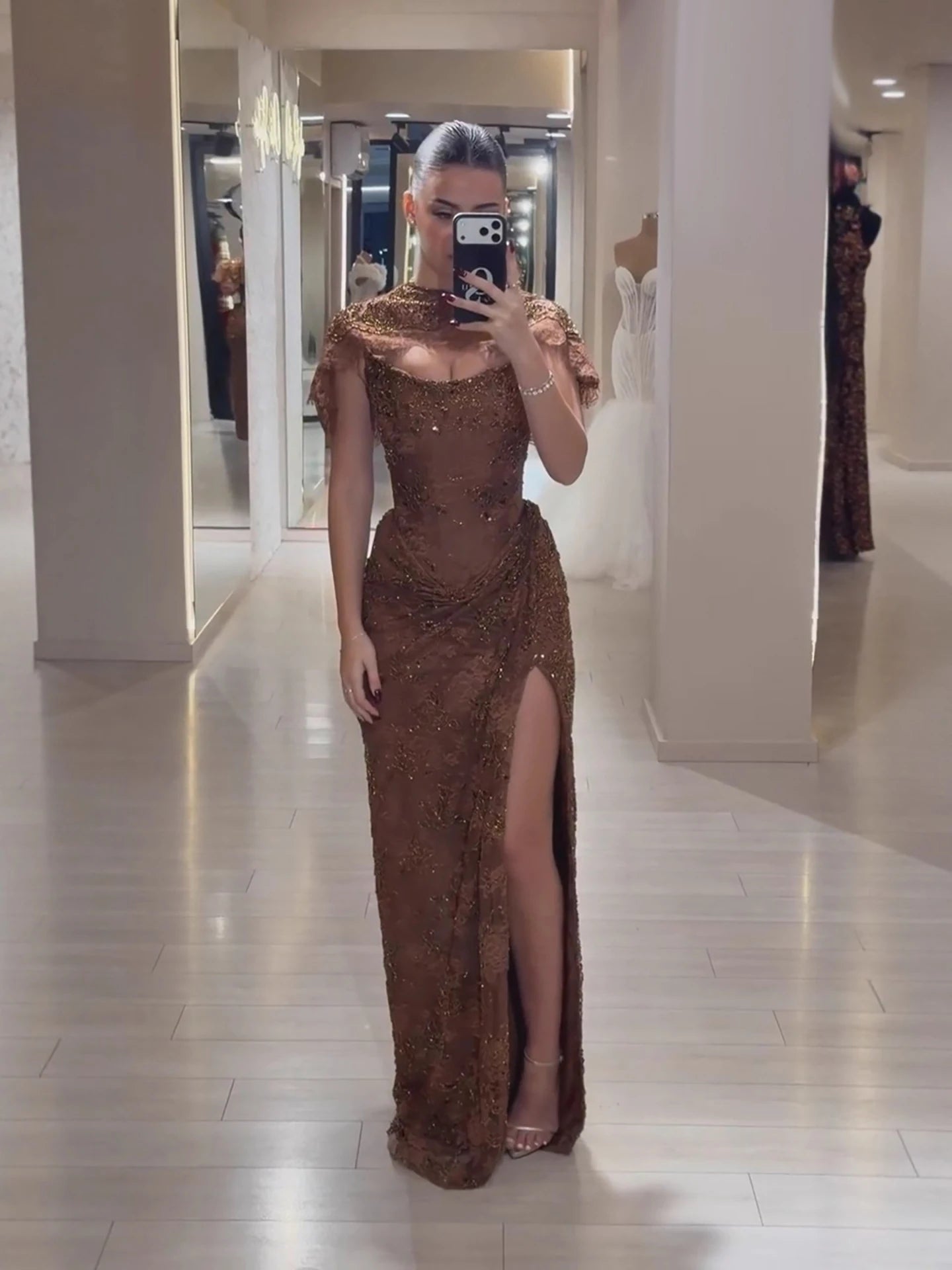 Luxury Brown Beaded Mermaid Gown with Cape LA73370 - SERENE HILL