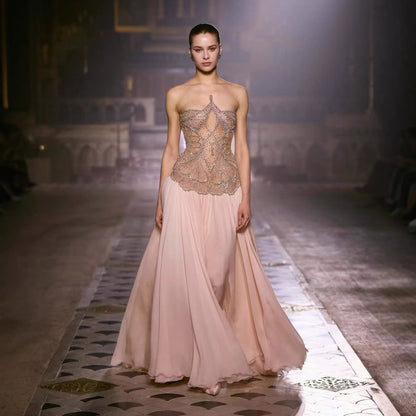 Luxury Nude Pink Beaded A-Line Evening Dress LA73623 - SERENE  HILL