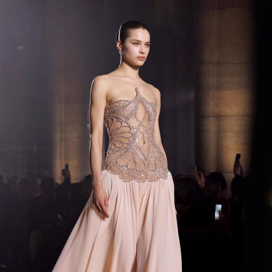Luxury Nude Pink Beaded A-Line Evening Dress LA73623 - SERENE  HILL