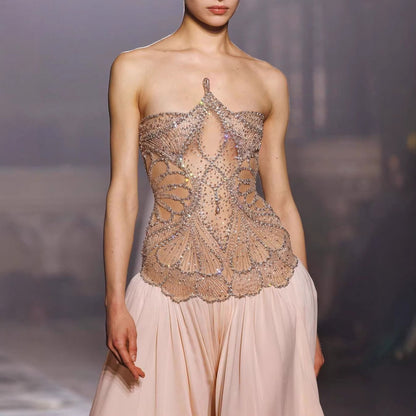 Luxury Nude Pink Beaded A-Line Evening Dress LA73623 - SERENE  HILL