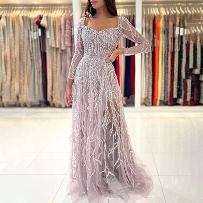 Arabic Pink High Split Beaded Luxury Dubai Long Evening Dresses Gowns For Women Wedding Party LA71917 - SERENE HILL