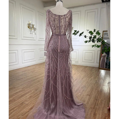 Arabic Pink High Split Beaded Luxury Dubai Long Evening Dresses Gowns For Women Wedding Party LA71917 - SERENE HILL