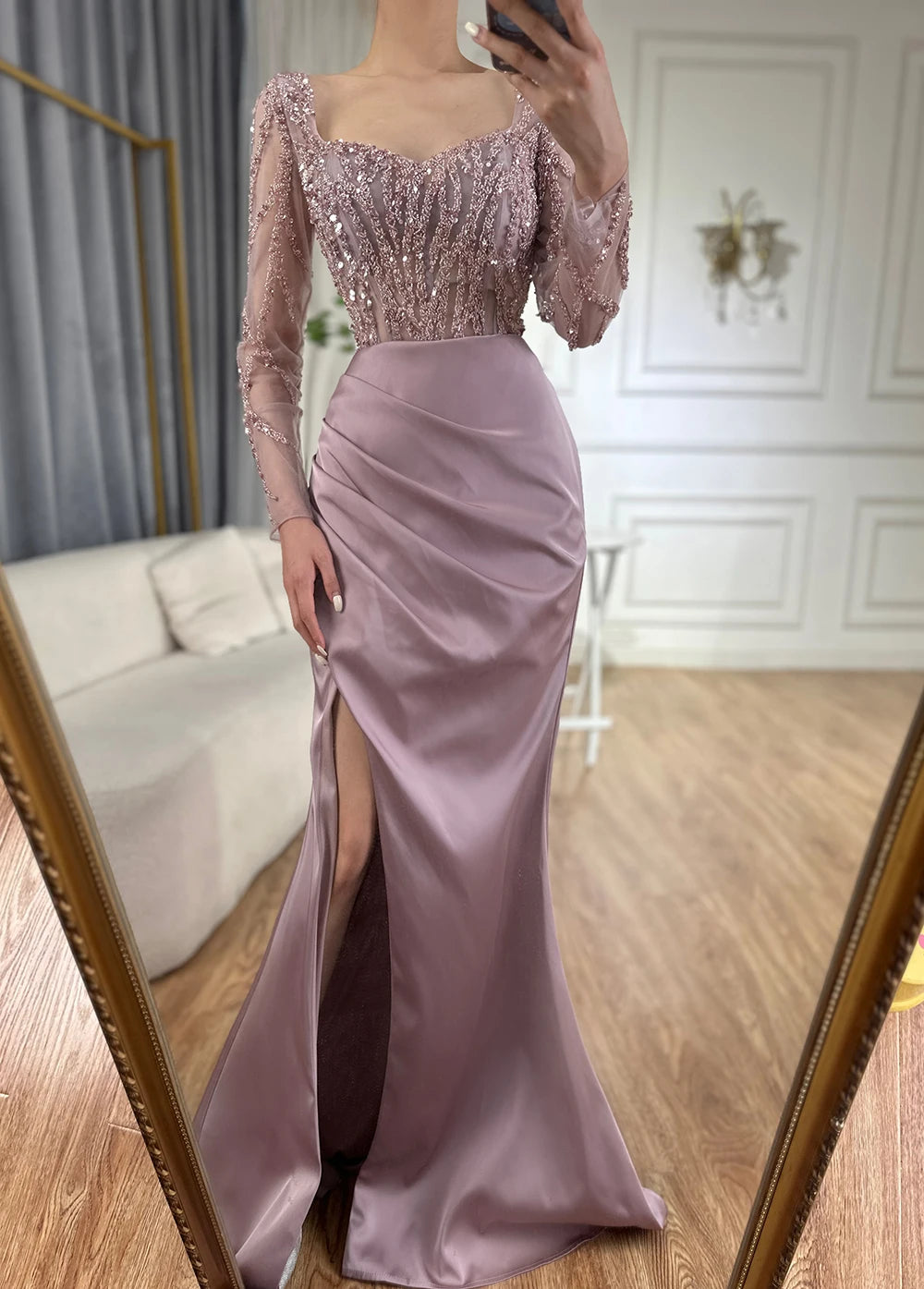Arabic Pink High Split Beaded Luxury Dubai Long Evening Dresses Gowns For Women Wedding Party LA71917 - SERENE HILL