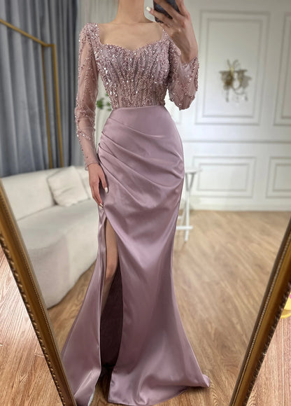 Arabic Pink High Split Beaded Luxury Dubai Long Evening Dresses Gowns For Women Wedding Party LA71917 - SERENE HILL