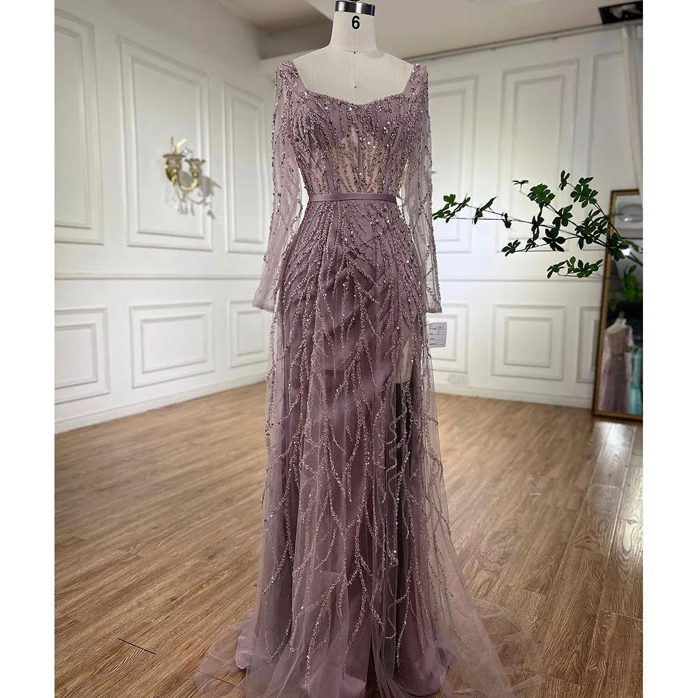 Arabic Pink High Split Beaded Luxury Dubai Long Evening Dresses Gowns For Women Wedding Party LA71917 - SERENE HILL