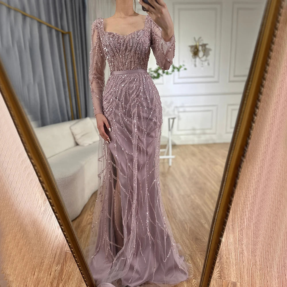 Arabic Pink High Split Beaded Luxury Dubai Long Evening Dresses Gowns For Women Wedding Party LA71917 - SERENE HILL