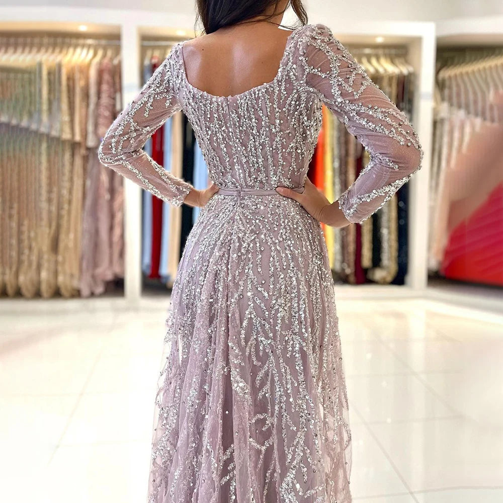 Arabic Pink High Split Beaded Luxury Dubai Long Evening Dresses Gowns For Women Wedding Party LA71917 - SERENE HILL