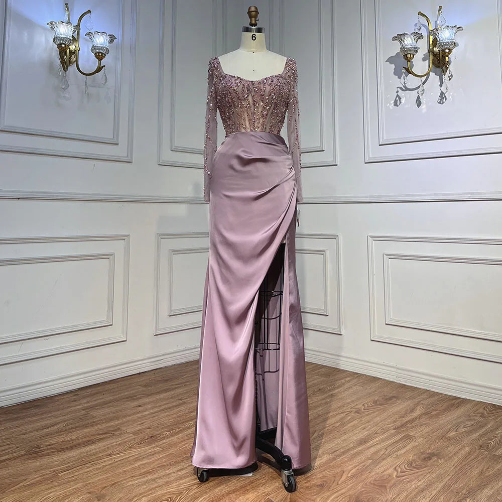 Arabic Pink High Split Beaded Luxury Dubai Long Evening Dresses Gowns For Women Wedding Party LA71917 - SERENE HILL