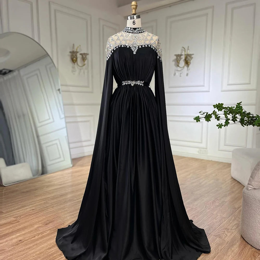 Black Diamond Caple Sleeves Chiffon Evening Dress Dubai Design High Neck Gowns Luxury Dubai LA60718 - SERENE HILL