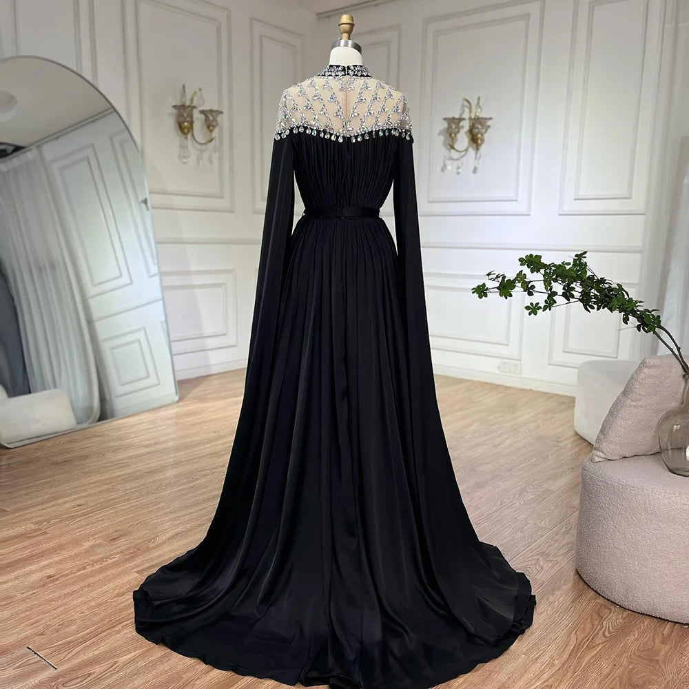 Black Diamond Caple Sleeves Chiffon Evening Dress Dubai Design High Neck Gowns Luxury Dubai LA60718 - SERENE HILL