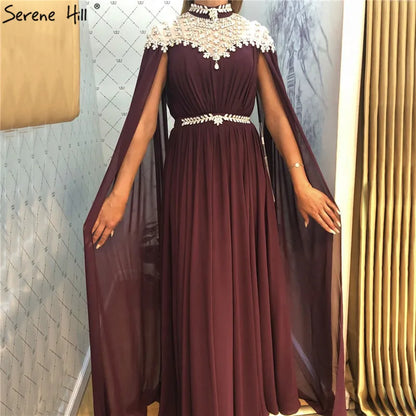 Black Diamond Caple Sleeves Chiffon Evening Dress Dubai Design High Neck Gowns Luxury Dubai LA60718 - SERENE HILL