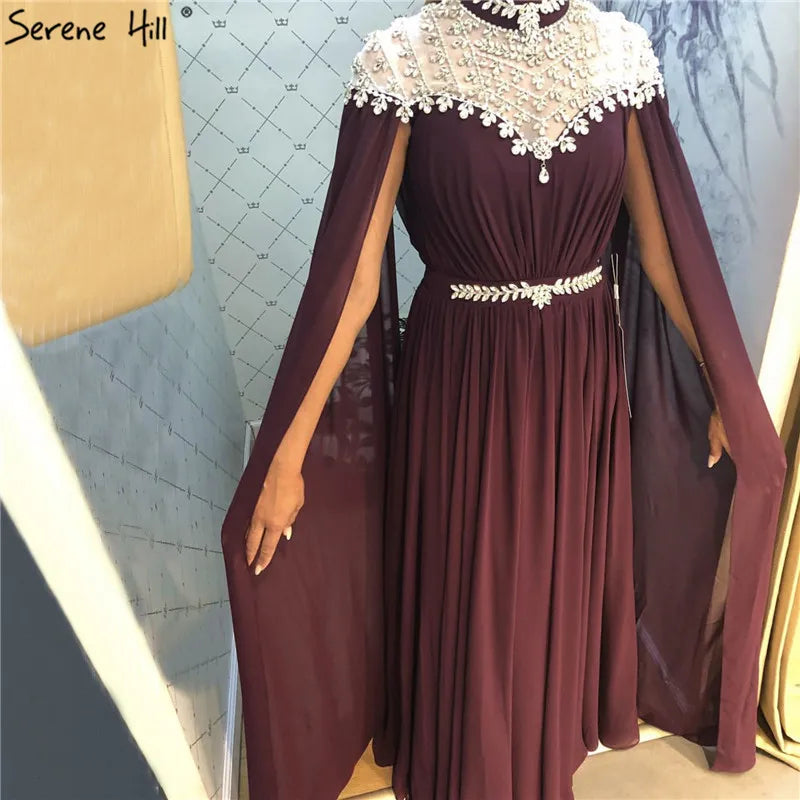 Black Diamond Caple Sleeves Chiffon Evening Dress Dubai Design High Neck Gowns Luxury Dubai LA60718 - SERENE HILL