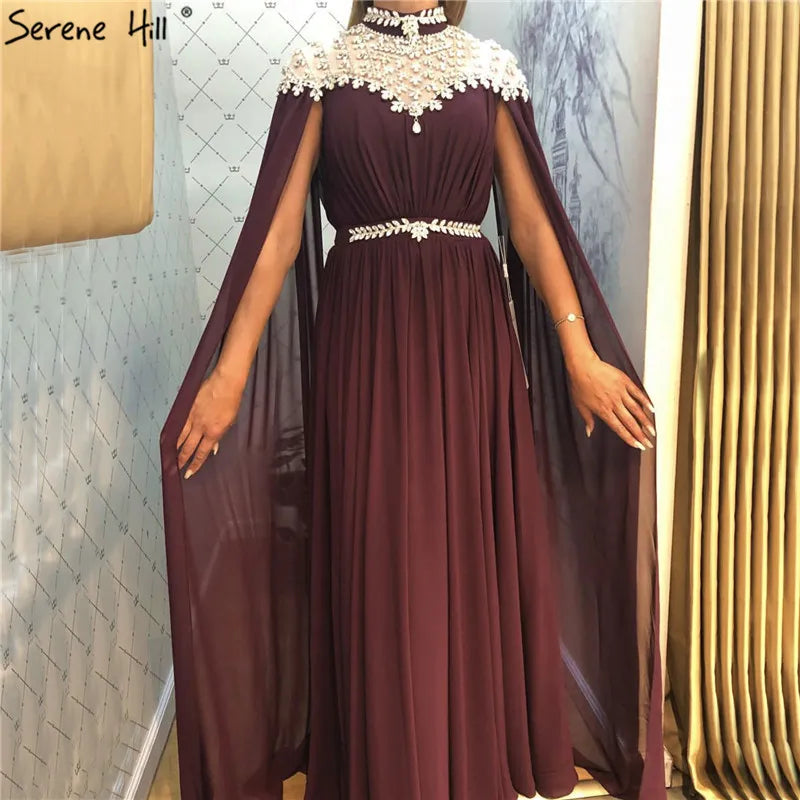 Black Diamond Caple Sleeves Chiffon Evening Dress Dubai Design High Neck Gowns Luxury Dubai LA60718 - SERENE HILL