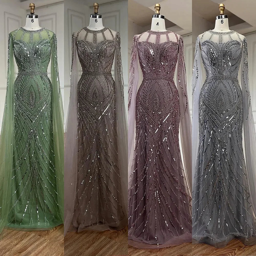 Arabic Gray Mermaid Evening Dress With Beaded Elegant Cape Sleeves Gown For Formal Occasion LA72611 - SERENE HILL