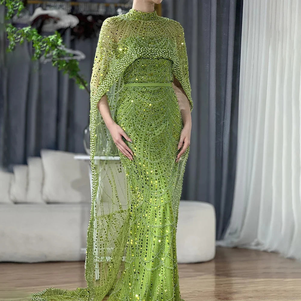 Designer Nude Mermaid Long Cape Luxury Evening Dress LA72032 - SERENE HILL