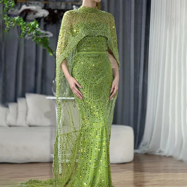 Designer Nude Mermaid Long Cape Luxury Evening Dress LA72032