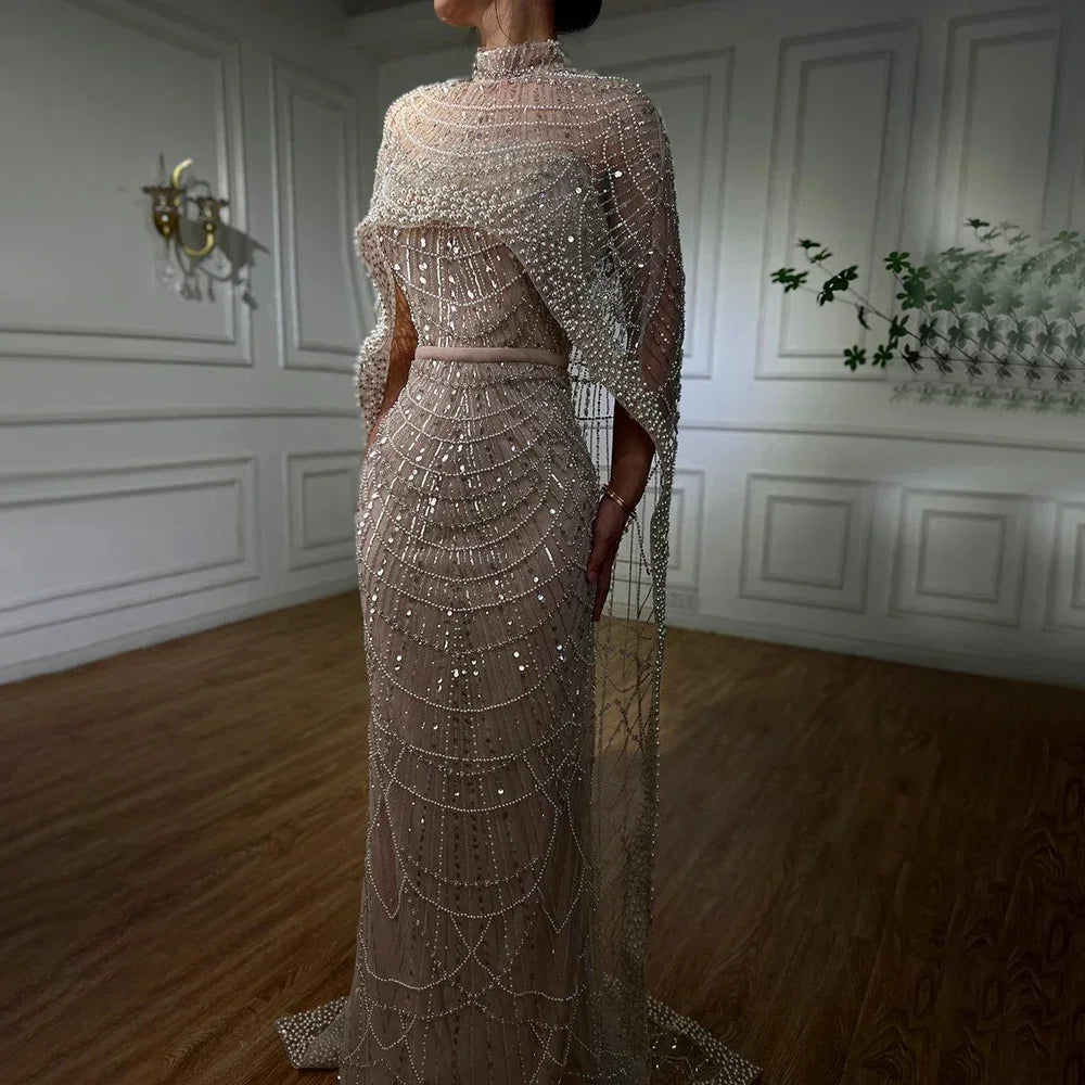 Designer Nude Mermaid Long Cape Luxury Evening Dress LA72032 Nude / 4