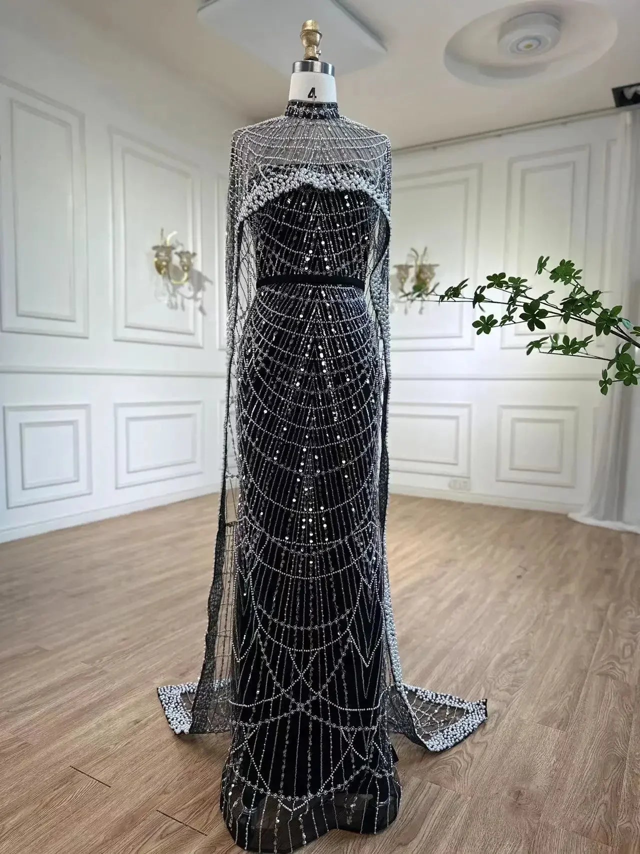 Designer Nude Mermaid Long Cape Luxury Evening Dress LA72032 - SERENE HILL