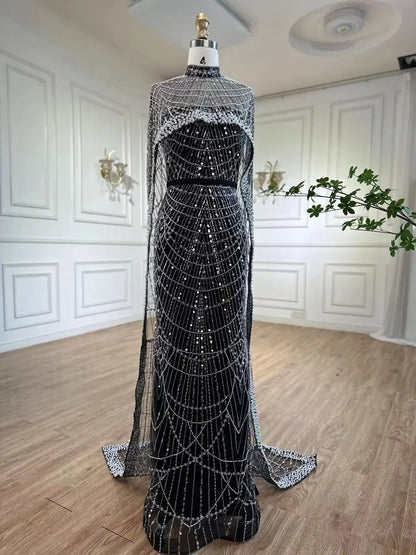 Designer Nude Mermaid Long Cape Luxury Evening Dress LA72032 - SERENE HILL