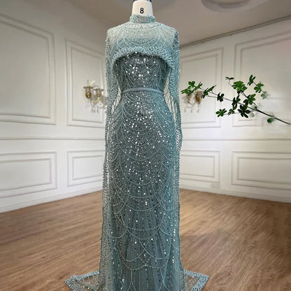 Designer Nude Mermaid Long Cape Luxury Evening Dress LA72032 - SERENE HILL