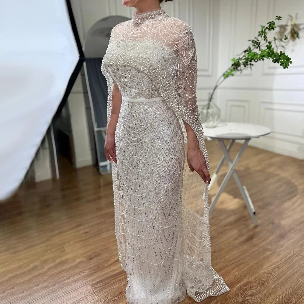 Designer Nude Mermaid Long Cape Luxury Evening Dress LA72032 - SERENE HILL