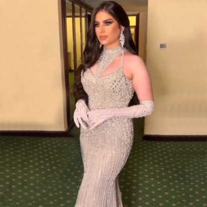 Caramel Mermaid Halter Sleeveless With Gloves Beaded Evening Gowns Elegant Party Dresses For Women LA72232 - SERENE HILL