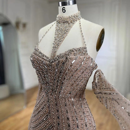 Caramel Mermaid Halter Sleeveless With Gloves Beaded Evening Gowns Elegant Party Dresses For Women LA72232 - SERENE HILL