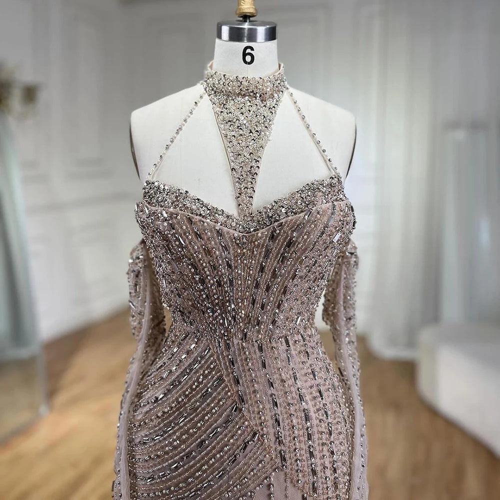 Caramel Mermaid Halter Sleeveless With Gloves Beaded Evening Gowns Elegant Party Dresses For Women LA72232 - SERENE HILL
