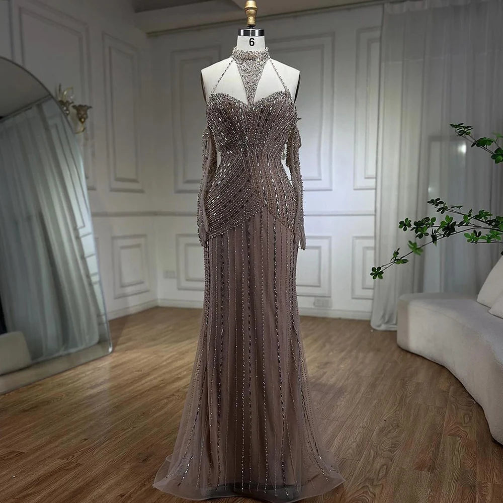 Caramel Mermaid Halter Sleeveless With Gloves Beaded Evening Gowns Elegant Party Dresses For Women LA72232 - SERENE HILL