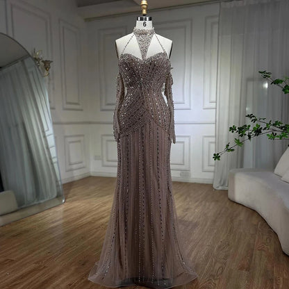 Caramel Mermaid Halter Sleeveless With Gloves Beaded Evening Gowns Elegant Party Dresses For Women LA72232 - SERENE HILL