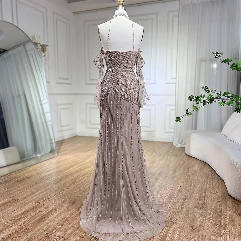 Caramel Mermaid Halter Sleeveless With Gloves Beaded Evening Gowns Elegant Party Dresses For Women LA72232 - SERENE HILL