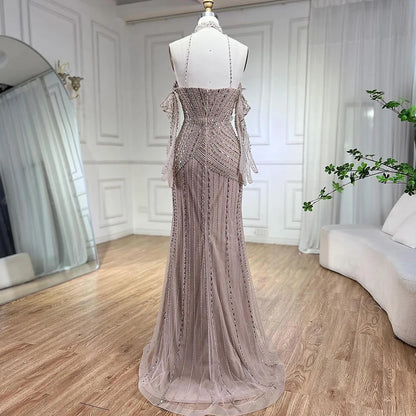 Caramel Mermaid Halter Sleeveless With Gloves Beaded Evening Gowns Elegant Party Dresses For Women LA72232 - SERENE HILL