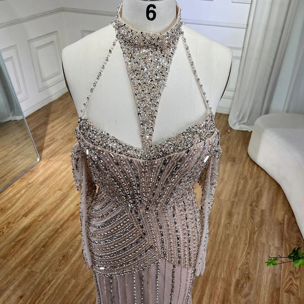 Caramel Mermaid Halter Sleeveless With Gloves Beaded Evening Gowns Elegant Party Dresses For Women LA72232 - SERENE HILL