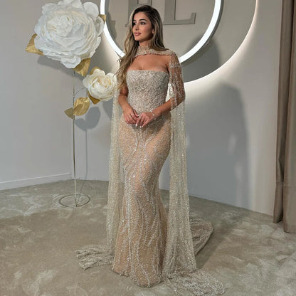 Luxury Nude Beaded Evening Dress with Cape Sleeves LA72824 - SERENE HILL