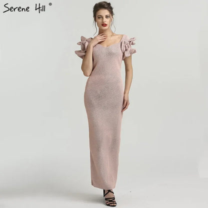Dubai Designer Pink Short Sleeves Dress New Mermaid Fashion Womens Formal Evening Gowns Luxury Dubai QA8019 - SERENE HILL
