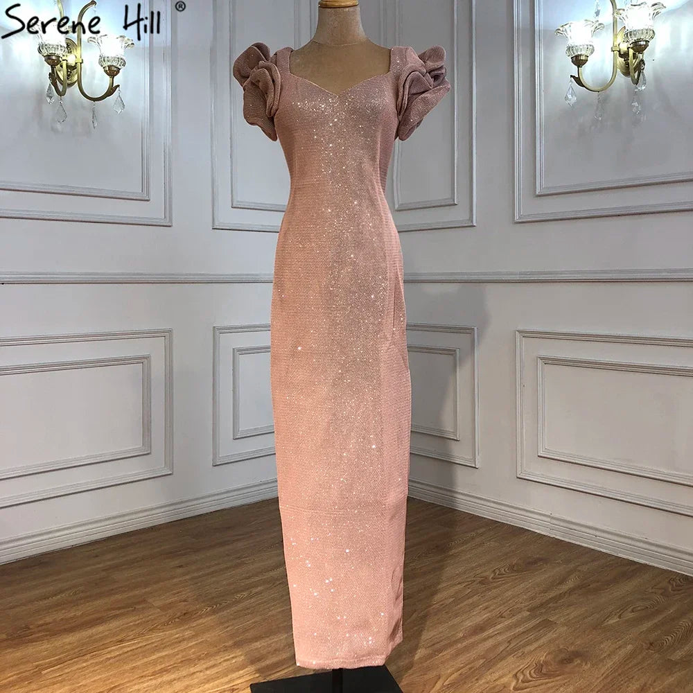 Dubai Designer Pink Short Sleeves Dress New Mermaid Fashion Womens Formal Evening Gowns Luxury Dubai QA8019 - SERENE HILL