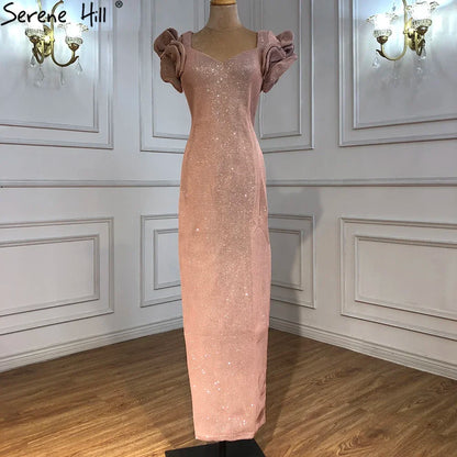 Dubai Designer Pink Short Sleeves Dress New Mermaid Fashion Womens Formal Evening Gowns Luxury Dubai QA8019 - SERENE HILL