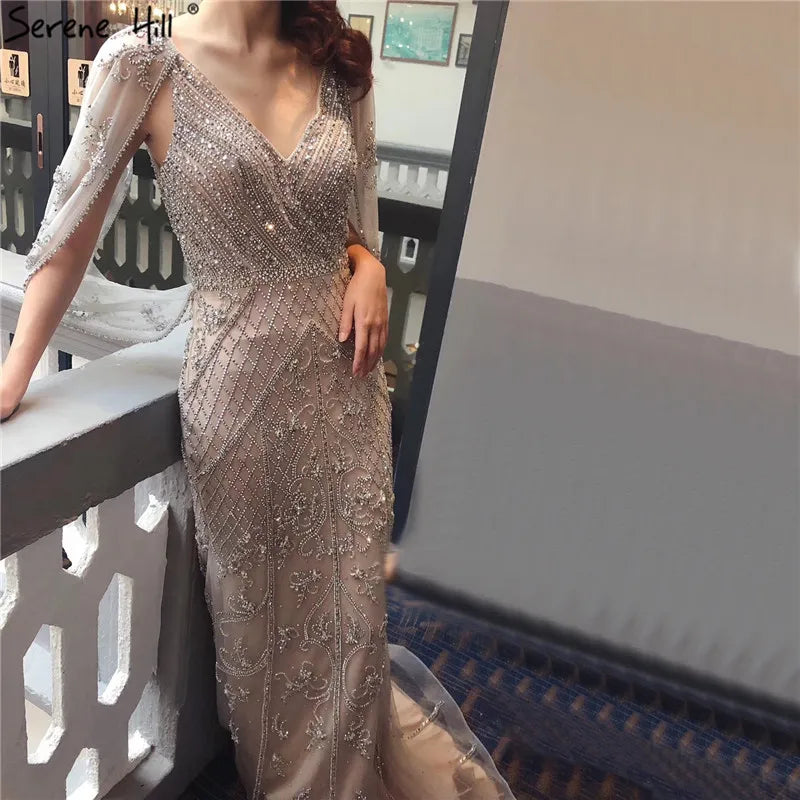 Dubai Grey Nude Sexy Evening Dresses 2025 Crystal Sleeveless Shawl Yarn Formal Serene Hill LA70382 - SERENE HILL