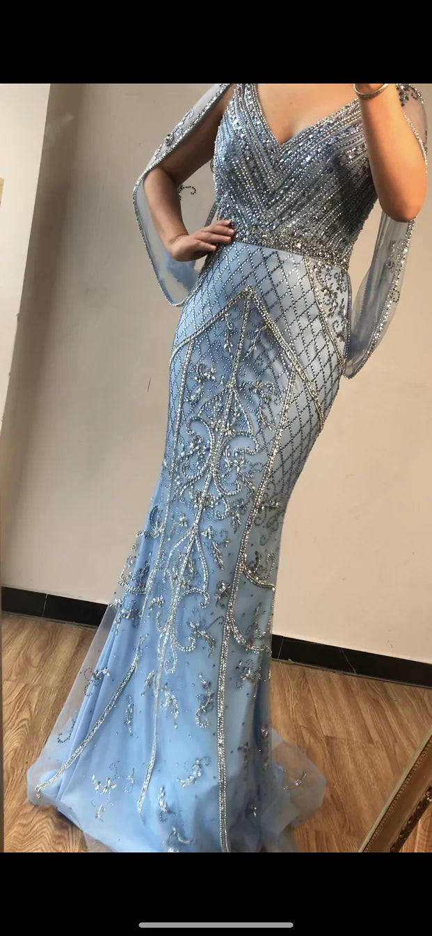 Dubai Grey Nude Sexy Evening Dresses 2025 Crystal Sleeveless Shawl Yarn Formal Serene Hill LA70382 - SERENE HILL